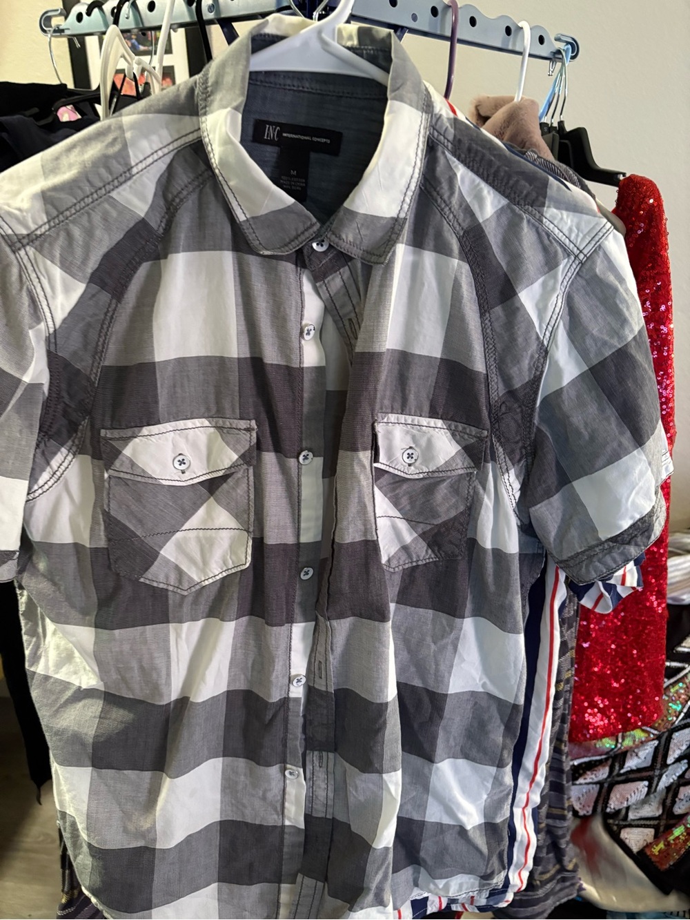 INC International Concepts Men's Gray & White Short-Sleeve Plaid Shirt